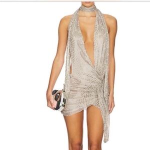 Jaded London Silver Beige Plunging Halter Mini Dress